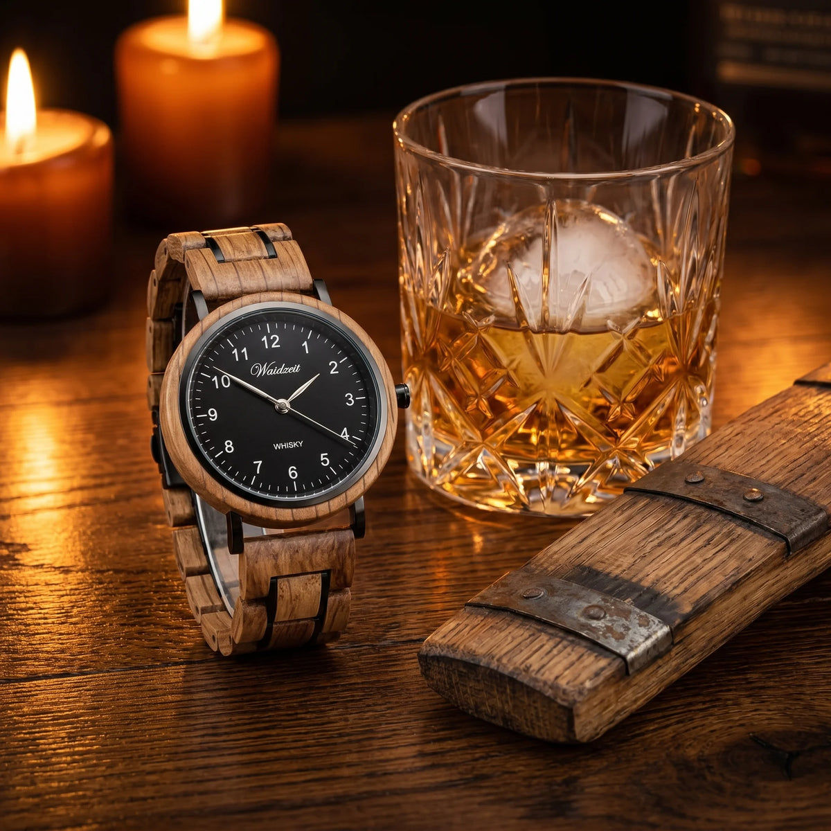 Pánské dřevěné hodinky Whisky Black Watch - Lifestyle fotografie z křišťálového skla whisky na dubovém povrchu