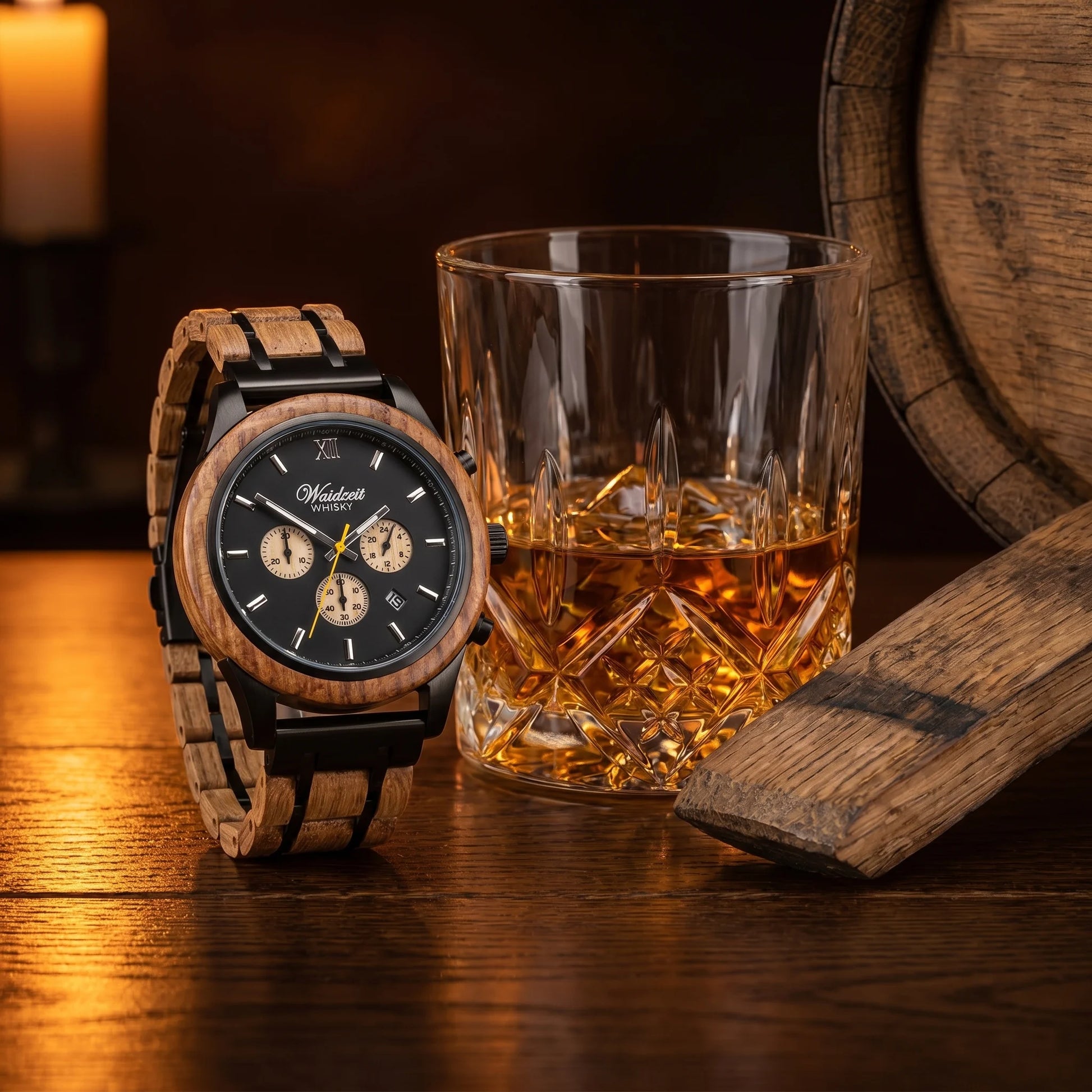 Pánské dřevěné hodinky Scotts Highland Whisky - fotografie křišťálové sklenice whisky na dubovém povrchu v lifestylovém stylu