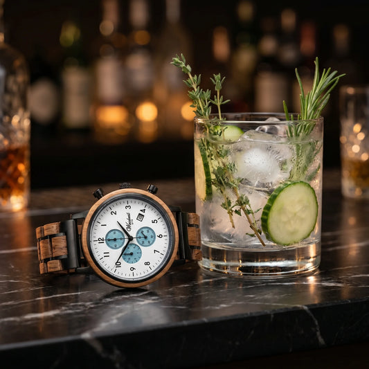 Partner Wooden Gin White Ice Watch - Lifestylová fotografie s koktejlem z ginu s okurkou, ledem a bylinkami