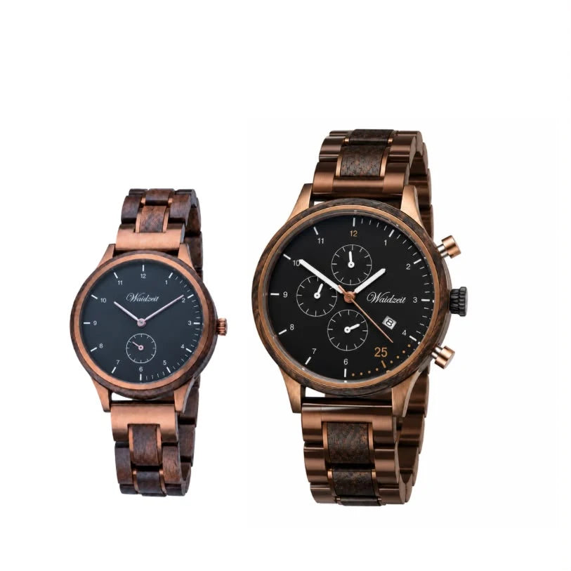 Partnerské dřevěné hodinky Waidzeit Barista Espresso – pánský chronograf a dámské hodinky