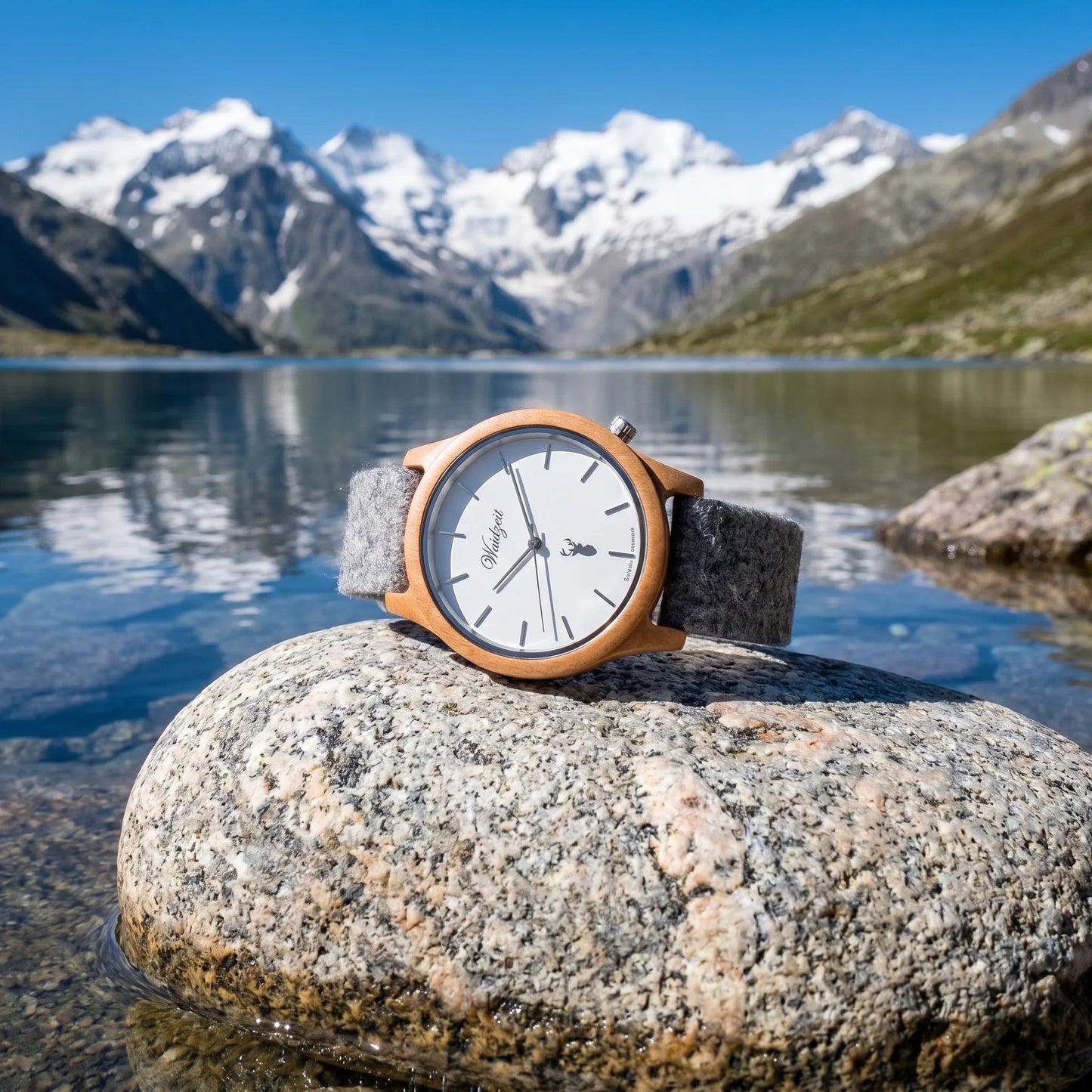 Unisex dřevěné hodinky Alpin Dachstein - fotografie životního stylu u alpského jezera se zasněženými vrcholky v pozadí