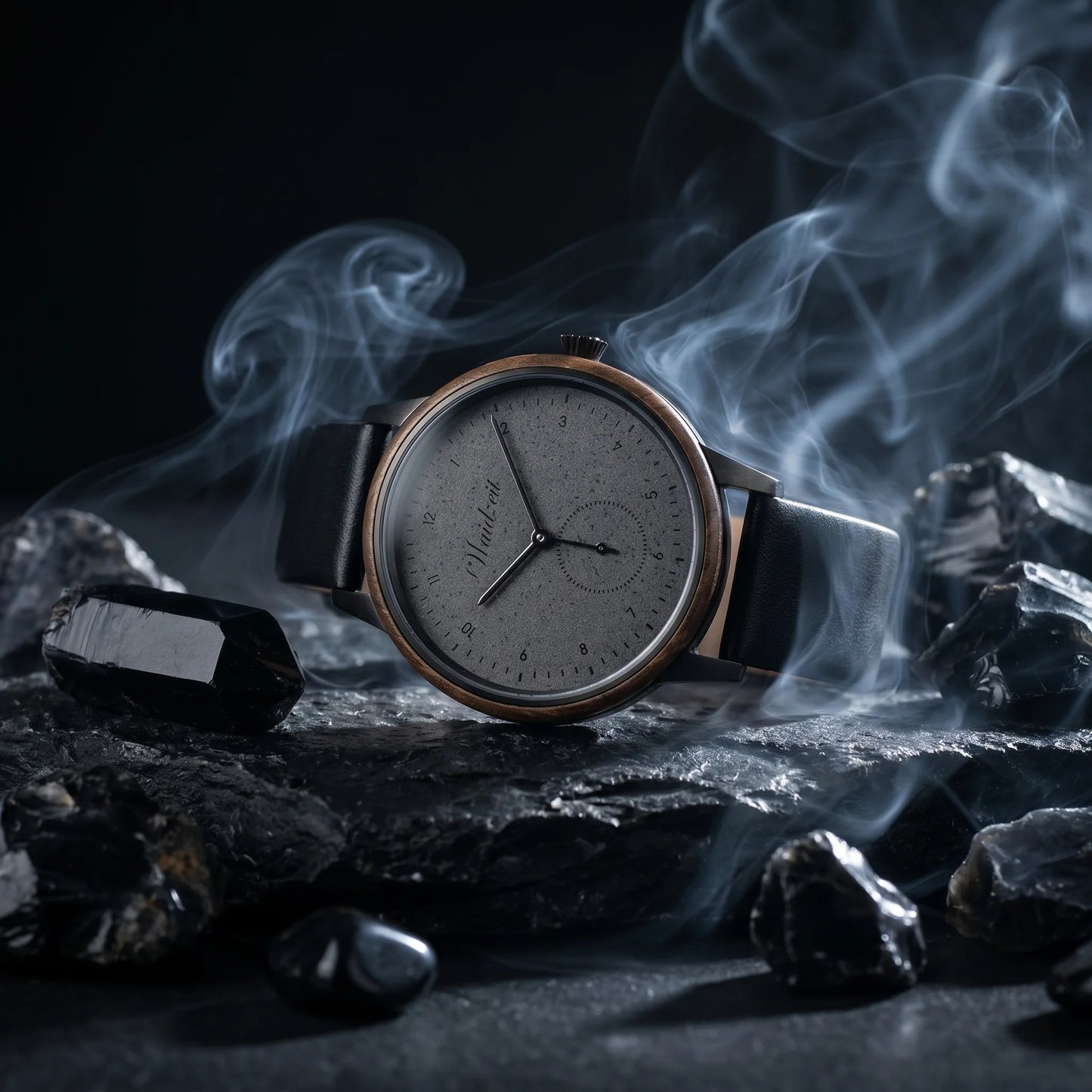 Unisex dřevěné hodinky Mystik Black Leather Watch - fotografie životního stylu na tmavém kameni s mystickým závojem kouře