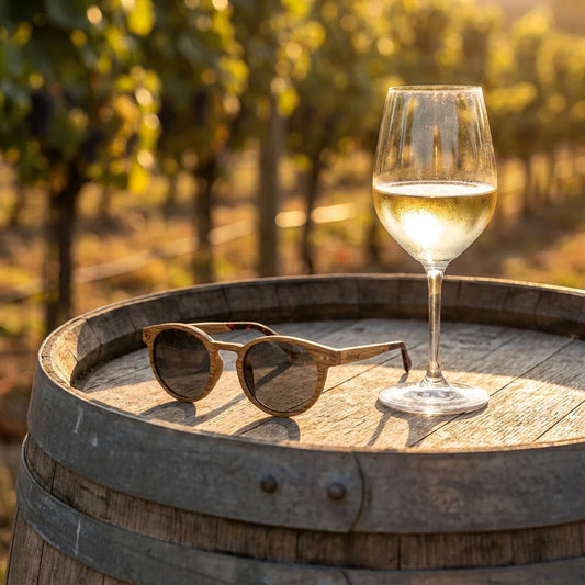 Weinbrille Chardonnay - lifestylová fotografie na dubovém sudu se sklenkou bílého vína na vinici
