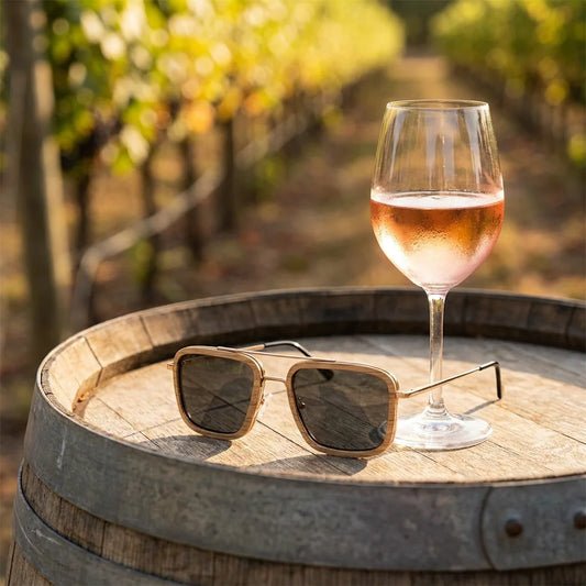 Weinbrille Muscat - lifestylová fotografie na dubovém sudu se sklenkou růžového vína na vinici