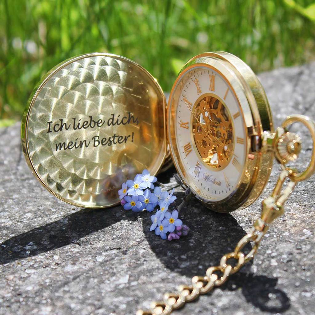 Dřevěné hodinky kapesní Skelett Gold